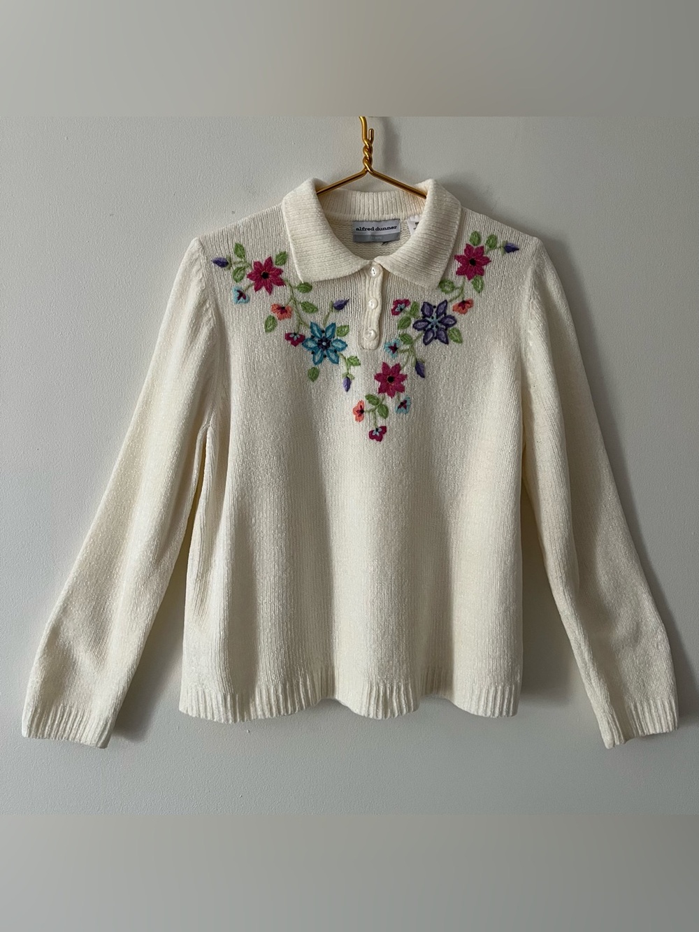 Alfred Dunner Vtg Cream Chenille Collared Granny Sweater Floral Embroidery P XL